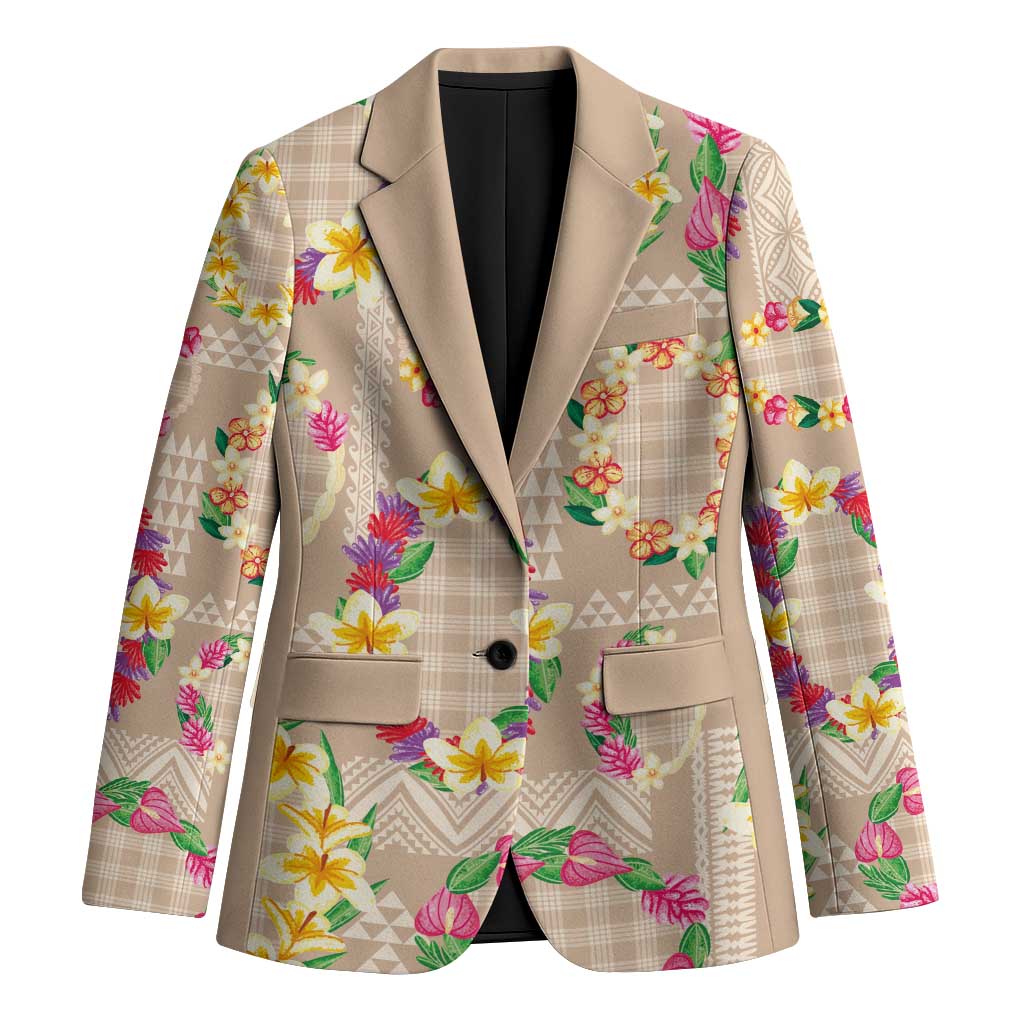 Hawaiian Kakau Tattoo Leis and Palaka Pattern Blazer Traditional Aloha Tribal Beige Color