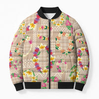 Hawaiian Kakau Tattoo Leis and Palaka Pattern Bomber Puffer Jacket Traditional Aloha Tribal Beige Color