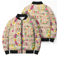 Hawaiian Kakau Tattoo Leis and Palaka Pattern Bomber Puffer Jacket Traditional Aloha Tribal Beige Color