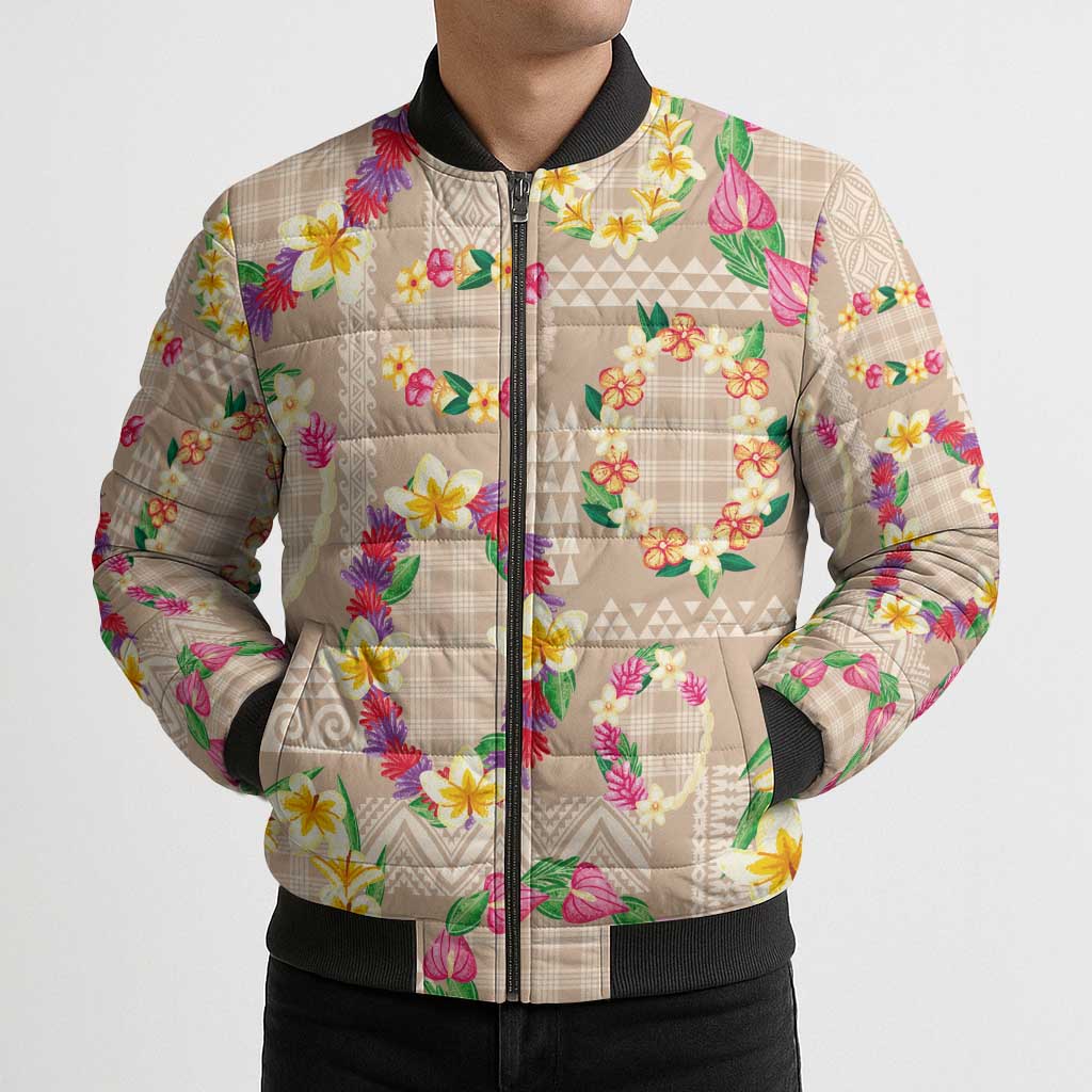 Hawaiian Kakau Tattoo Leis and Palaka Pattern Bomber Puffer Jacket Traditional Aloha Tribal Beige Color