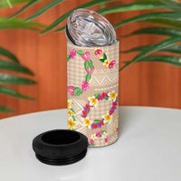 Hawaiian Kakau Tattoo Leis and Palaka Pattern 4 in 1 Can Cooler Tumbler Traditional Aloha Tribal Beige Color