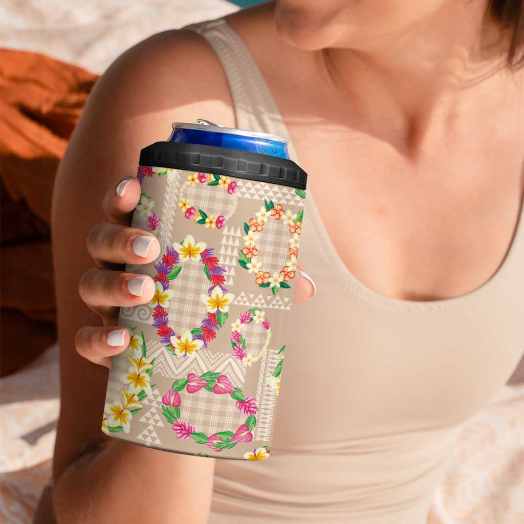 Hawaiian Kakau Tattoo Leis and Palaka Pattern 4 in 1 Can Cooler Tumbler Traditional Aloha Tribal Beige Color
