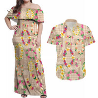Hawaiian Kakau Tattoo Leis and Palaka Pattern Couples Matching Off Shoulder Maxi Dress and Hawaiian Shirt Traditional Aloha Tribal Beige Color