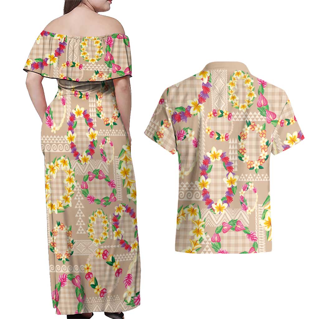 Hawaiian Kakau Tattoo Leis and Palaka Pattern Couples Matching Off Shoulder Maxi Dress and Hawaiian Shirt Traditional Aloha Tribal Beige Color