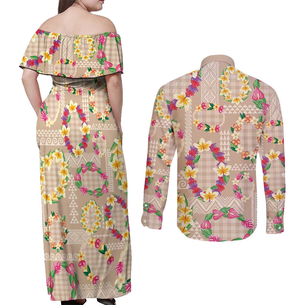 Hawaiian Kakau Tattoo Leis and Palaka Pattern Couples Matching Off Shoulder Maxi Dress and Long Sleeve Button Shirt Traditional Aloha Tribal Beige Color