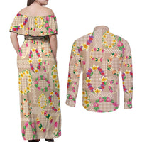 Hawaiian Kakau Tattoo Leis and Palaka Pattern Couples Matching Off Shoulder Maxi Dress and Long Sleeve Button Shirt Traditional Aloha Tribal Beige Color