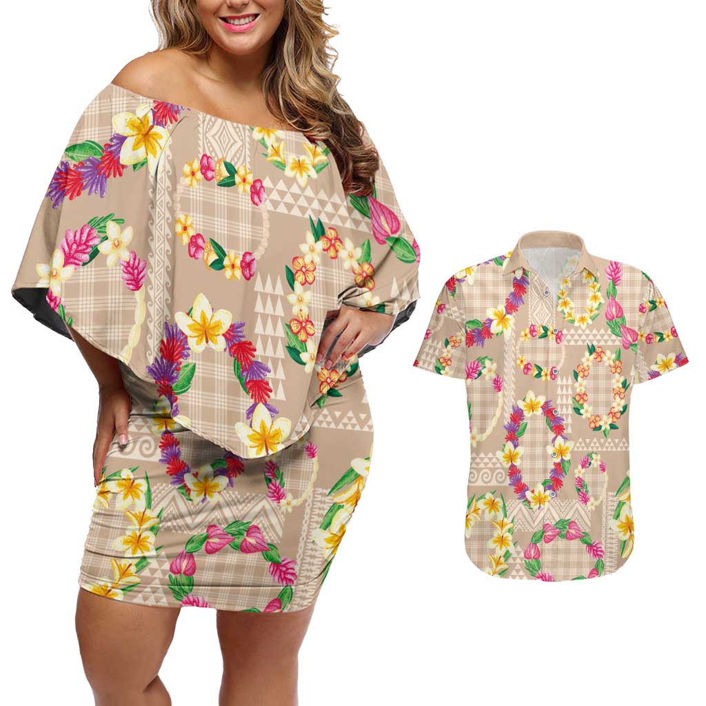 Hawaiian Kakau Tattoo Leis and Palaka Pattern Couples Matching Off Shoulder Short Dress and Hawaiian Shirt Traditional Aloha Tribal Beige Color