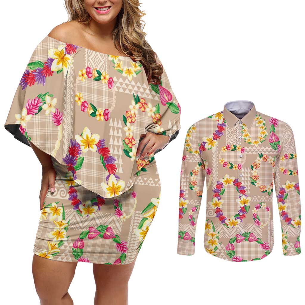 Hawaiian Kakau Tattoo Leis and Palaka Pattern Couples Matching Off Shoulder Short Dress and Long Sleeve Button Shirt Traditional Aloha Tribal Beige Color