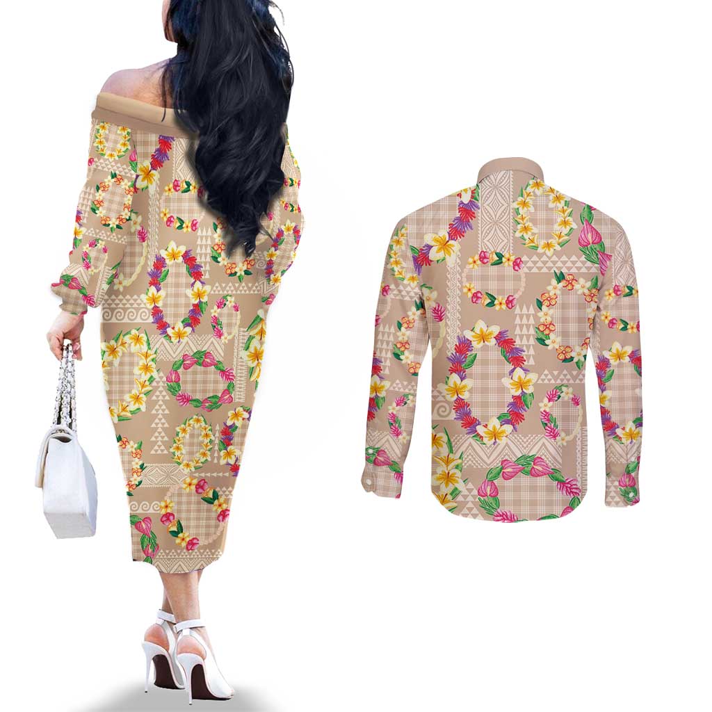 Hawaiian Kakau Tattoo Leis and Palaka Pattern Couples Matching Off The Shoulder Long Sleeve Dress and Long Sleeve Button Shirt Traditional Aloha Tribal Beige Color
