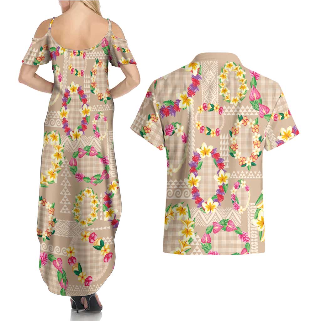 Hawaiian Kakau Tattoo Leis and Palaka Pattern Couples Matching Summer Maxi Dress and Hawaiian Shirt Traditional Aloha Tribal Beige Color
