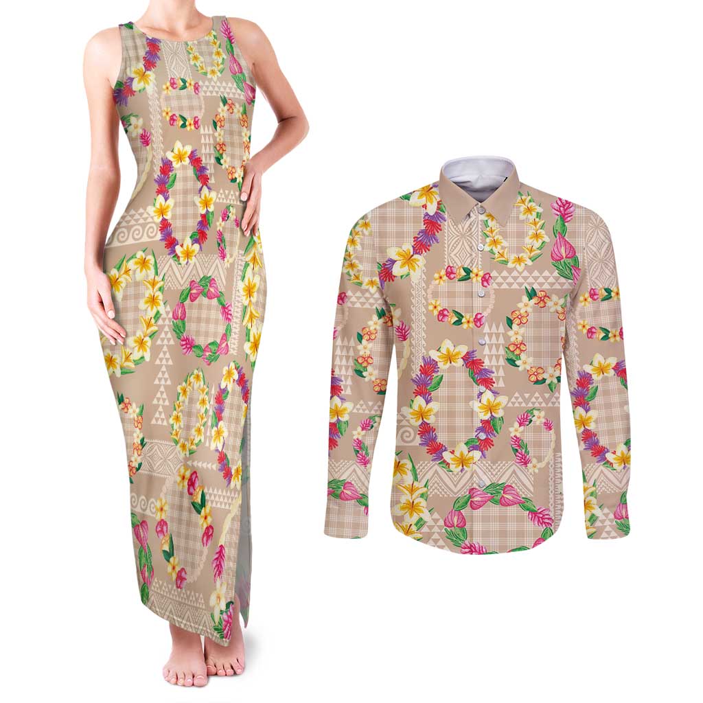 Hawaiian Kakau Tattoo Leis and Palaka Pattern Couples Matching Tank Maxi Dress and Long Sleeve Button Shirt Traditional Aloha Tribal Beige Color
