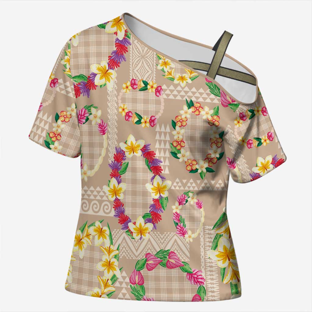 Hawaiian Kakau Tattoo Leis and Palaka Pattern Cross Shoulder Shirt Traditional Aloha Tribal Beige Color