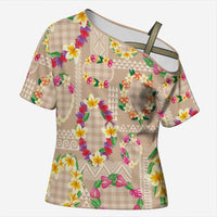 Hawaiian Kakau Tattoo Leis and Palaka Pattern Cross Shoulder Shirt Traditional Aloha Tribal Beige Color