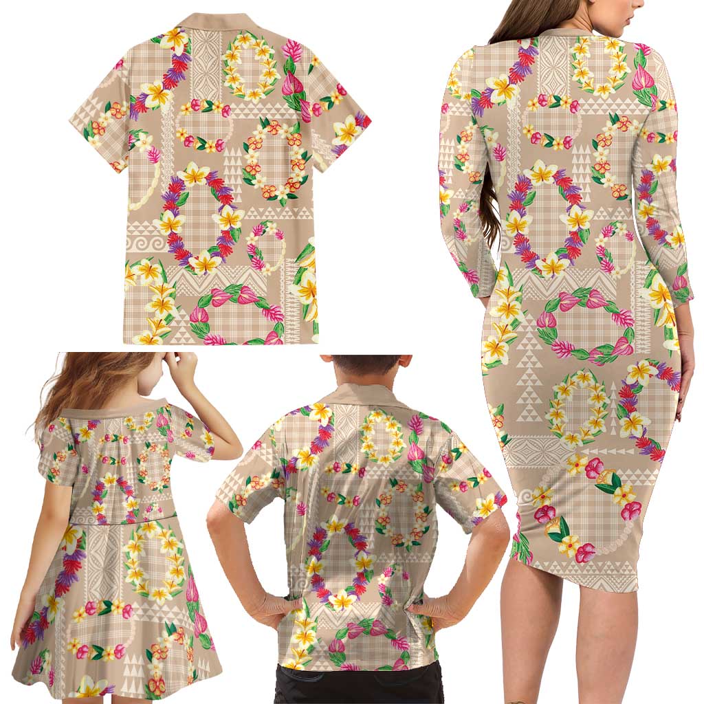 Hawaiian Kakau Tattoo Leis and Palaka Pattern Family Matching Long Sleeve Bodycon Dress and Hawaiian Shirt Traditional Aloha Tribal Beige Color