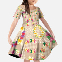 Hawaiian Kakau Tattoo Leis and Palaka Pattern Family Matching Mermaid Dress and Hawaiian Shirt Traditional Aloha Tribal Beige Color LT03 Daughter's Dress Beige - Polynesian Pride