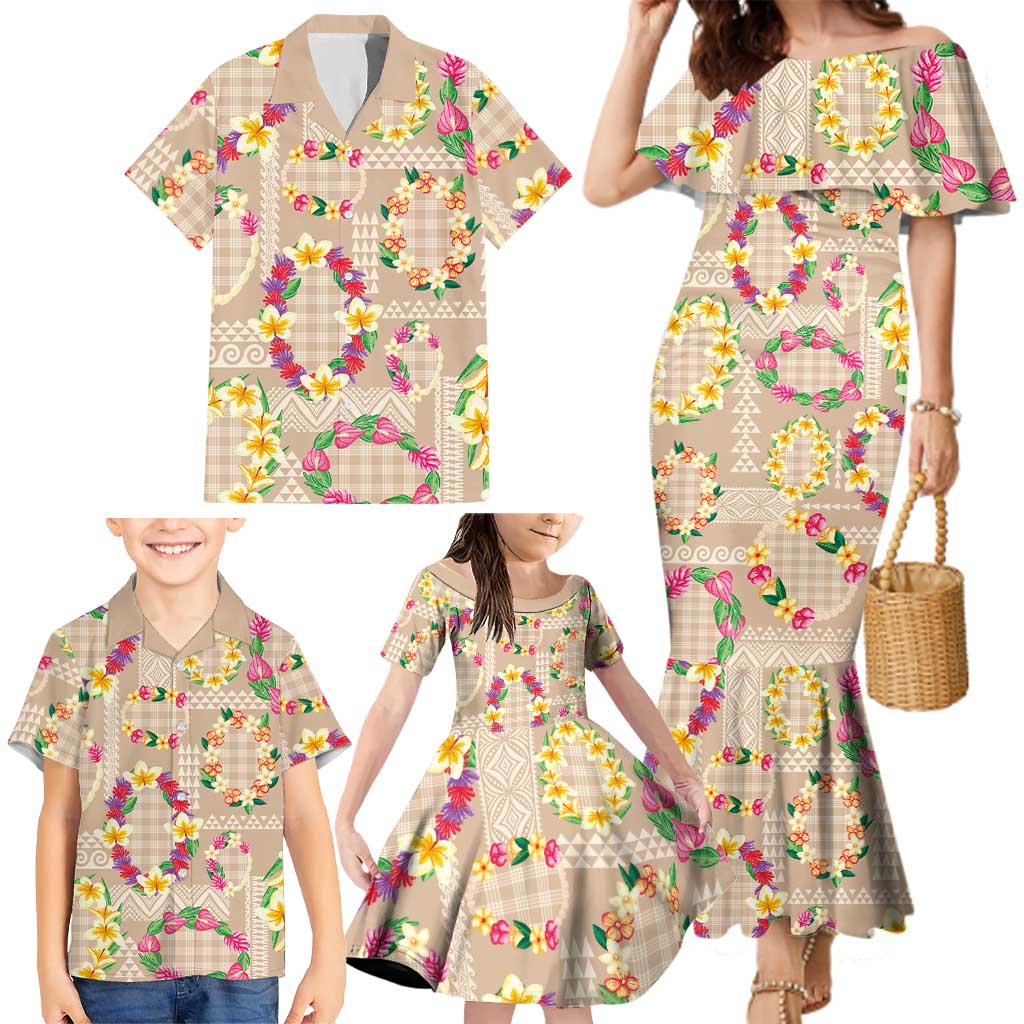 Hawaiian Kakau Tattoo Leis and Palaka Pattern Family Matching Mermaid Dress and Hawaiian Shirt Traditional Aloha Tribal Beige Color LT03 - Polynesian Pride