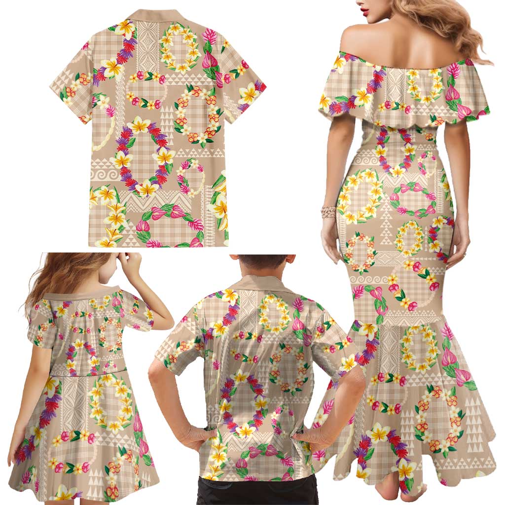 Hawaiian Kakau Tattoo Leis and Palaka Pattern Family Matching Mermaid Dress and Hawaiian Shirt Traditional Aloha Tribal Beige Color LT03 - Polynesian Pride
