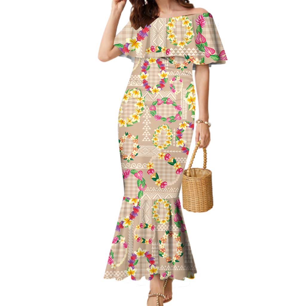 Hawaiian Kakau Tattoo Leis and Palaka Pattern Family Matching Mermaid Dress and Hawaiian Shirt Traditional Aloha Tribal Beige Color LT03 Mom's Dress Beige - Polynesian Pride