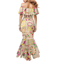 Hawaiian Kakau Tattoo Leis and Palaka Pattern Family Matching Mermaid Dress and Hawaiian Shirt Traditional Aloha Tribal Beige Color LT03 - Polynesian Pride