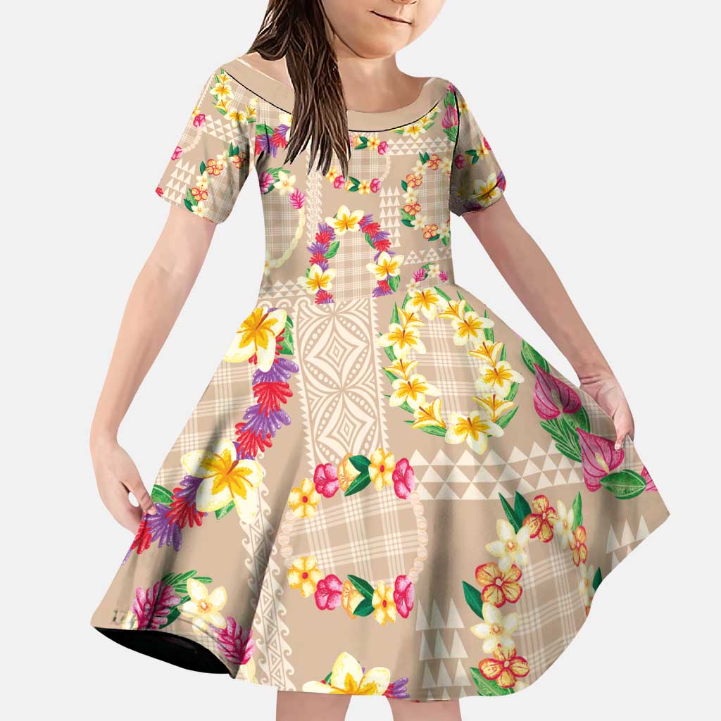 Hawaiian Kakau Tattoo Leis and Palaka Pattern Family Matching Off The Shoulder Long Sleeve Dress and Hawaiian Shirt Traditional Aloha Tribal Beige Color LT03 Daughter's Dress Beige - Polynesian Pride
