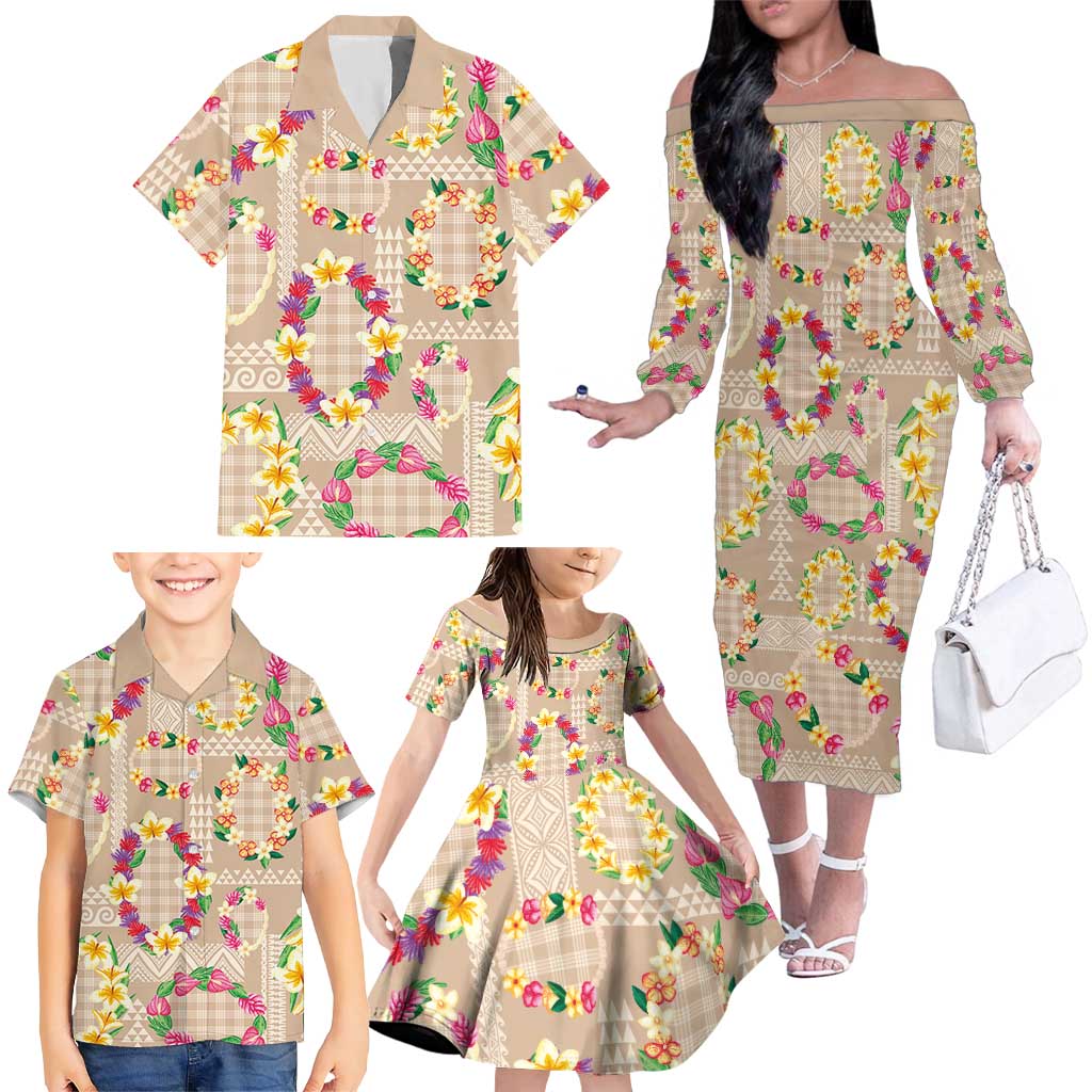 Hawaiian Kakau Tattoo Leis and Palaka Pattern Family Matching Off The Shoulder Long Sleeve Dress and Hawaiian Shirt Traditional Aloha Tribal Beige Color LT03 - Polynesian Pride