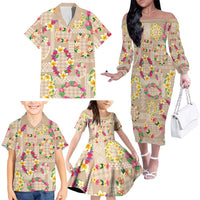 Hawaiian Kakau Tattoo Leis and Palaka Pattern Family Matching Off The Shoulder Long Sleeve Dress and Hawaiian Shirt Traditional Aloha Tribal Beige Color LT03 - Polynesian Pride