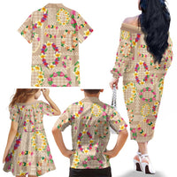 Hawaiian Kakau Tattoo Leis and Palaka Pattern Family Matching Off The Shoulder Long Sleeve Dress and Hawaiian Shirt Traditional Aloha Tribal Beige Color LT03 - Polynesian Pride
