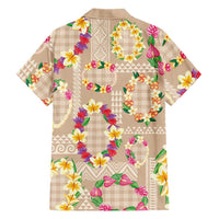 Hawaiian Kakau Tattoo Leis and Palaka Pattern Family Matching Off The Shoulder Long Sleeve Dress and Hawaiian Shirt Traditional Aloha Tribal Beige Color LT03 - Polynesian Pride