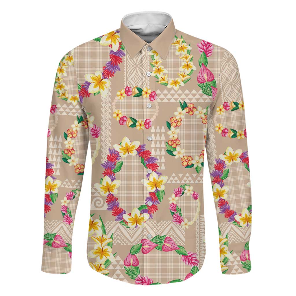 Hawaiian Kakau Tattoo Leis and Palaka Pattern Family Matching Off The Shoulder Long Sleeve Dress and Hawaiian Shirt Traditional Aloha Tribal Beige Color LT03 Dad's Shirt - Long Sleeve Beige - Polynesian Pride