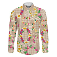 Hawaiian Kakau Tattoo Leis and Palaka Pattern Family Matching Off The Shoulder Long Sleeve Dress and Hawaiian Shirt Traditional Aloha Tribal Beige Color LT03 Dad's Shirt - Long Sleeve Beige - Polynesian Pride