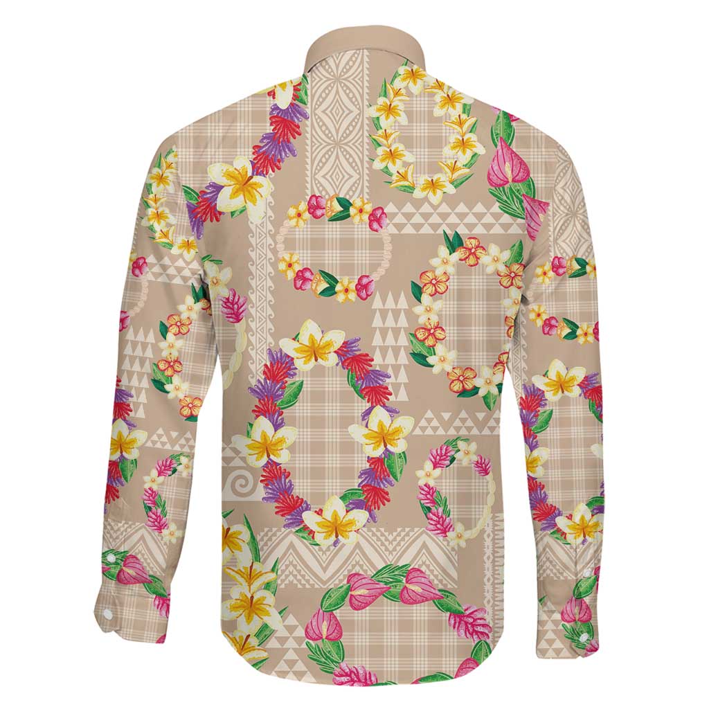 Hawaiian Kakau Tattoo Leis and Palaka Pattern Family Matching Off The Shoulder Long Sleeve Dress and Hawaiian Shirt Traditional Aloha Tribal Beige Color LT03 - Polynesian Pride
