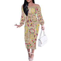 Hawaiian Kakau Tattoo Leis and Palaka Pattern Family Matching Off The Shoulder Long Sleeve Dress and Hawaiian Shirt Traditional Aloha Tribal Beige Color LT03 Mom's Dress Beige - Polynesian Pride
