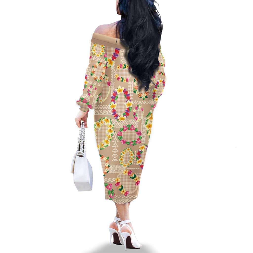 Hawaiian Kakau Tattoo Leis and Palaka Pattern Family Matching Off The Shoulder Long Sleeve Dress and Hawaiian Shirt Traditional Aloha Tribal Beige Color LT03 - Polynesian Pride
