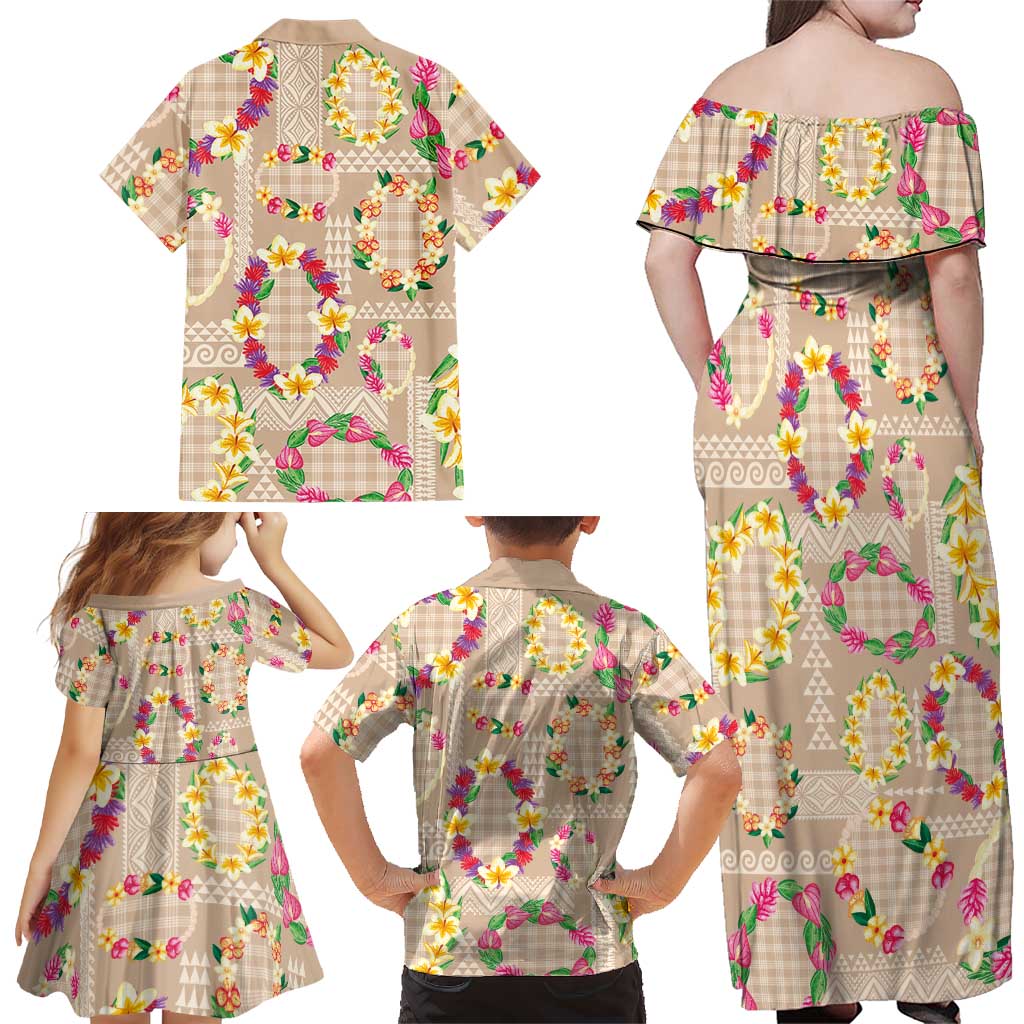Hawaiian Kakau Tattoo Leis and Palaka Pattern Family Matching Off Shoulder Maxi Dress and Hawaiian Shirt Traditional Aloha Tribal Beige Color