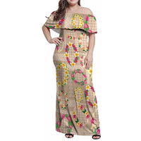 Hawaiian Kakau Tattoo Leis and Palaka Pattern Family Matching Off Shoulder Maxi Dress and Hawaiian Shirt Traditional Aloha Tribal Beige Color