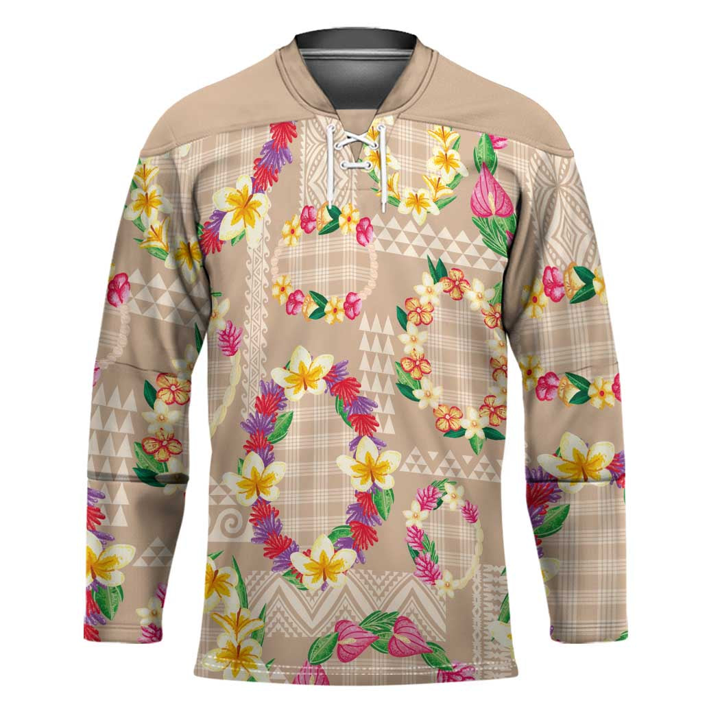Hawaiian Kakau Tattoo Leis and Palaka Pattern Hockey Jersey Traditional Aloha Tribal Beige Color LT03 Unisex Beige - Polynesian Pride