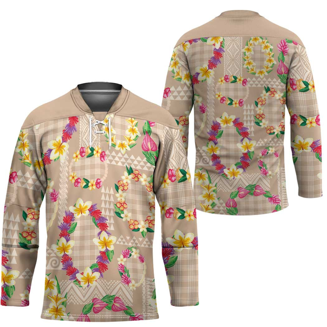 Hawaiian Kakau Tattoo Leis and Palaka Pattern Hockey Jersey Traditional Aloha Tribal Beige Color LT03 - Polynesian Pride