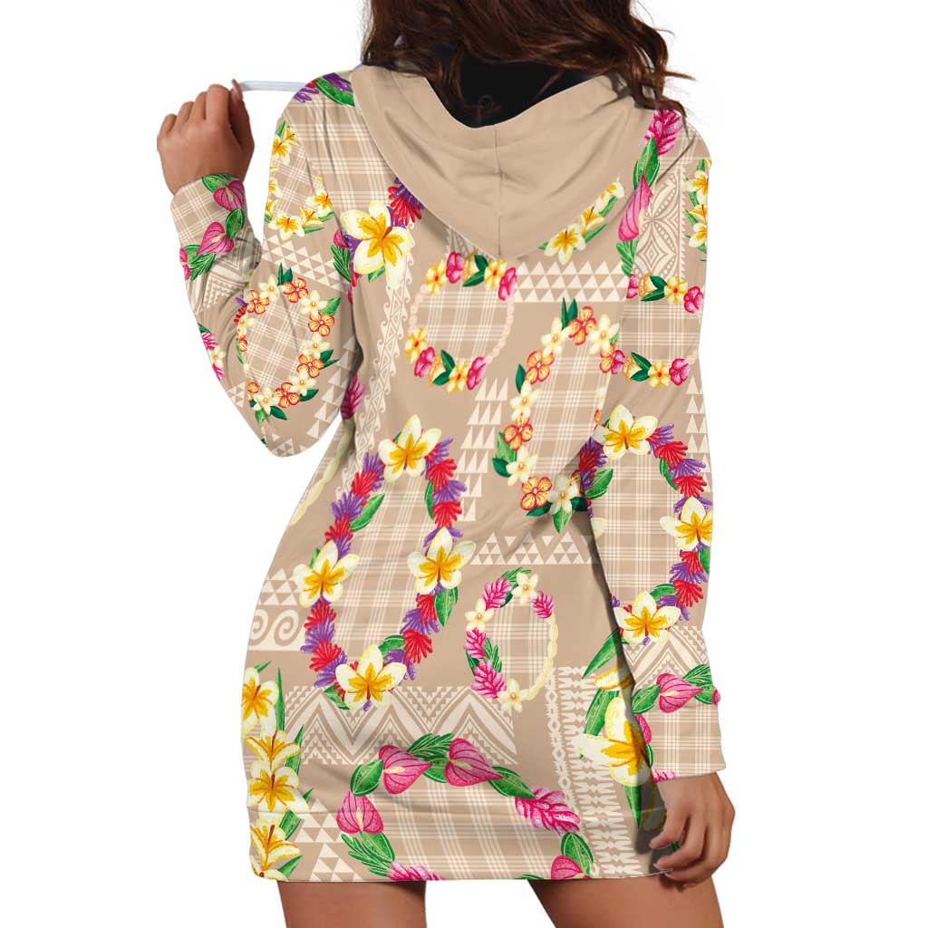 Hawaiian Kakau Tattoo Leis and Palaka Pattern Hoodie Dress Traditional Aloha Tribal Beige Color
