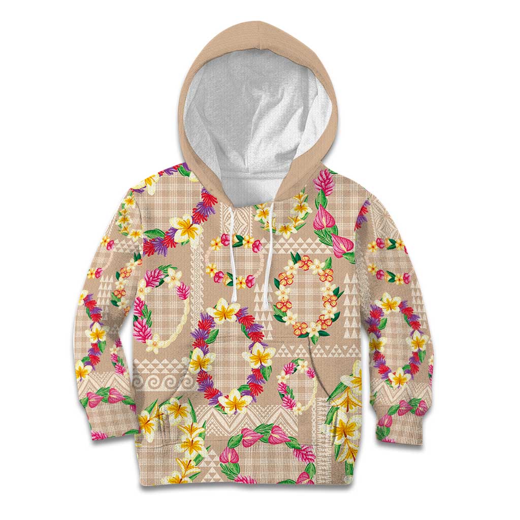 Hawaiian Kakau Tattoo Leis and Palaka Pattern Kid Hoodie Traditional Aloha Tribal Beige Color LT03 Hoodie Beige - Polynesian Pride