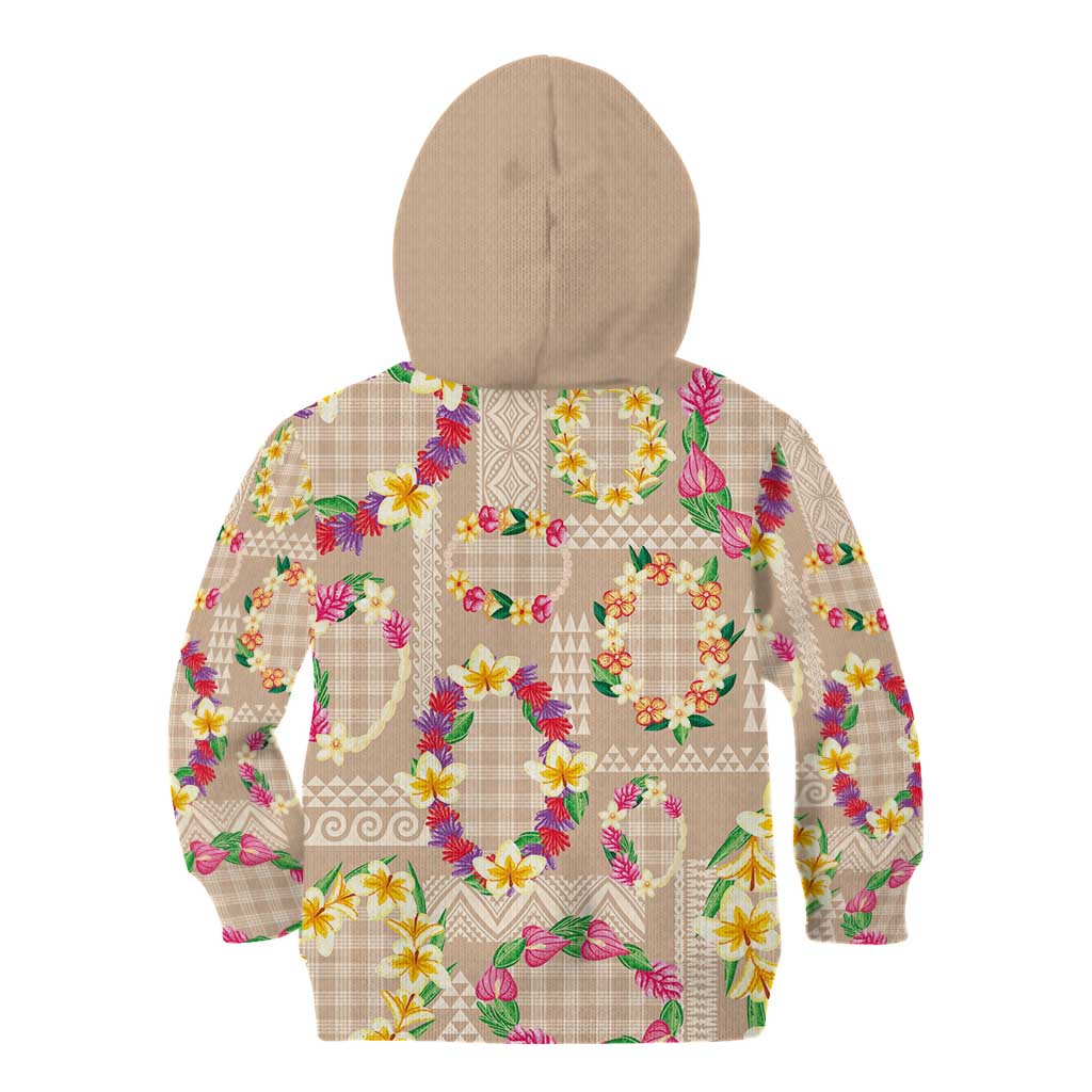 Hawaiian Kakau Tattoo Leis and Palaka Pattern Kid Hoodie Traditional Aloha Tribal Beige Color LT03 - Polynesian Pride