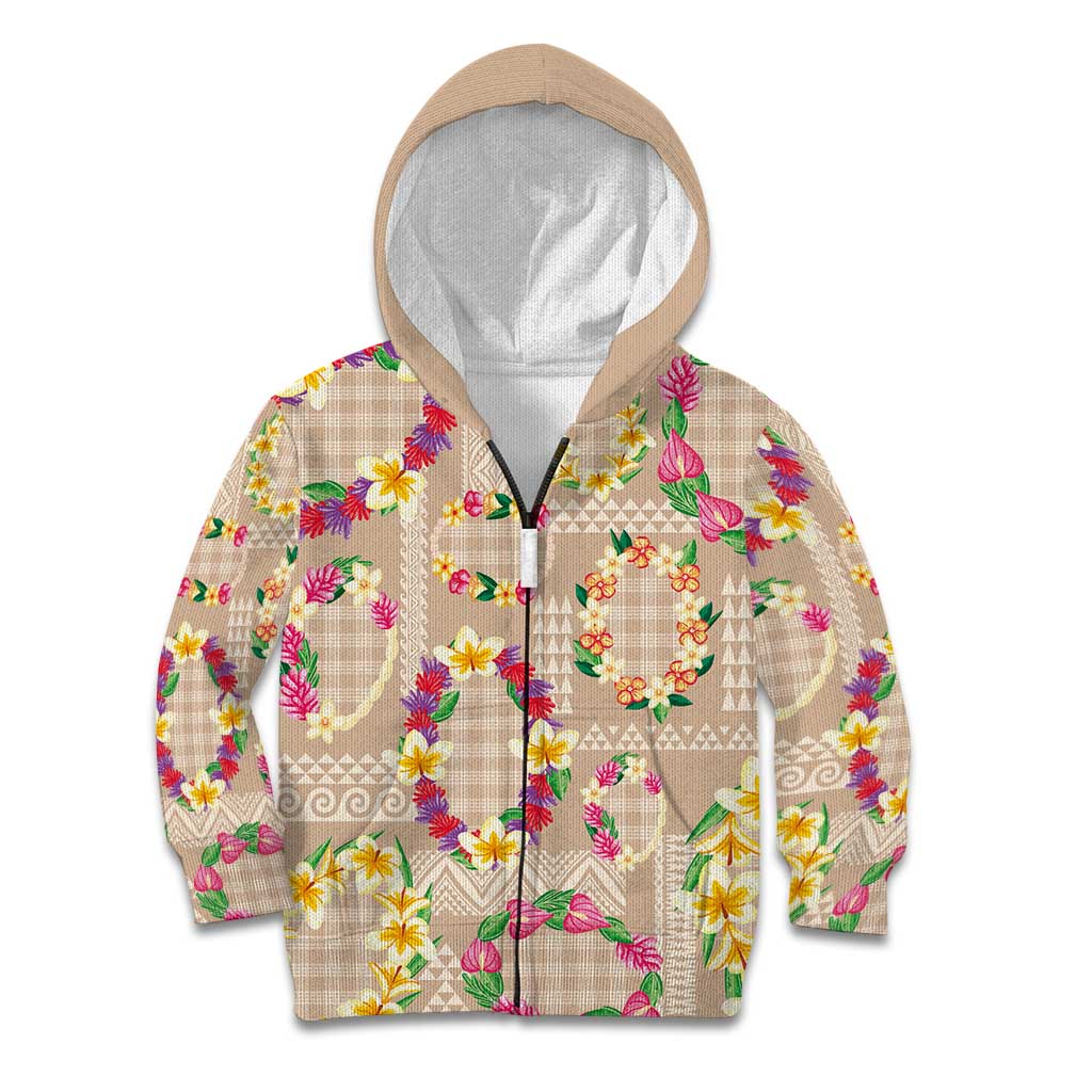 Hawaiian Kakau Tattoo Leis and Palaka Pattern Kid Hoodie Traditional Aloha Tribal Beige Color LT03 Zip Hoodie Beige - Polynesian Pride