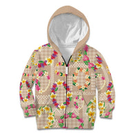 Hawaiian Kakau Tattoo Leis and Palaka Pattern Kid Hoodie Traditional Aloha Tribal Beige Color LT03 Zip Hoodie Beige - Polynesian Pride