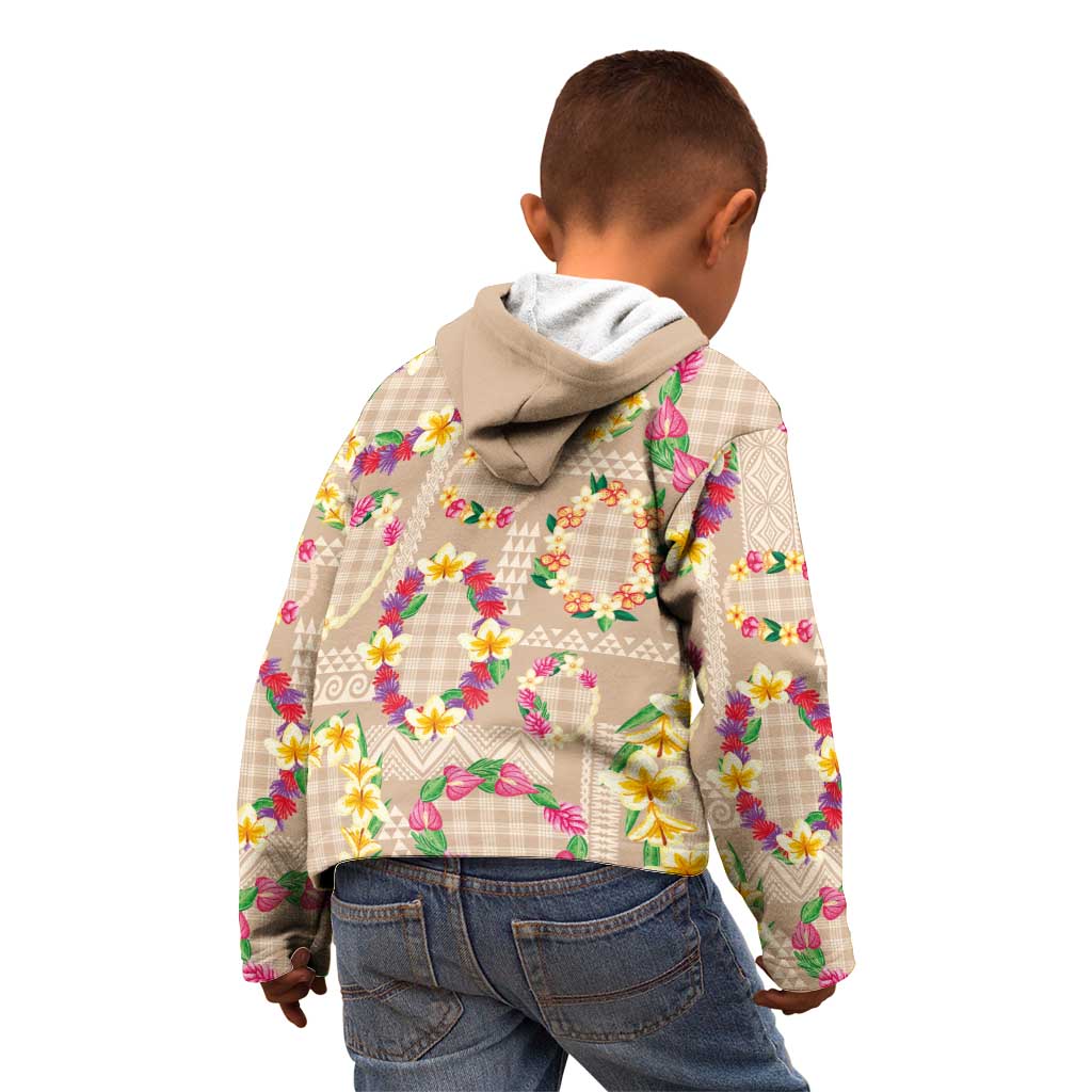 Hawaiian Kakau Tattoo Leis and Palaka Pattern Kid Hoodie Traditional Aloha Tribal Beige Color LT03 - Polynesian Pride