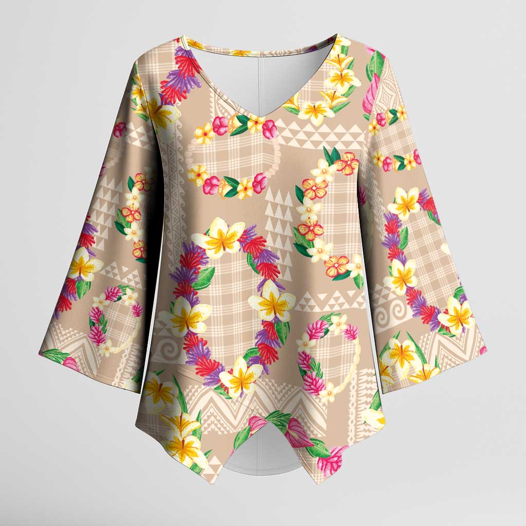 Hawaiian Kakau Tattoo Leis and Palaka Pattern Kimono Sleeve Blouse Traditional Aloha Tribal Beige Color