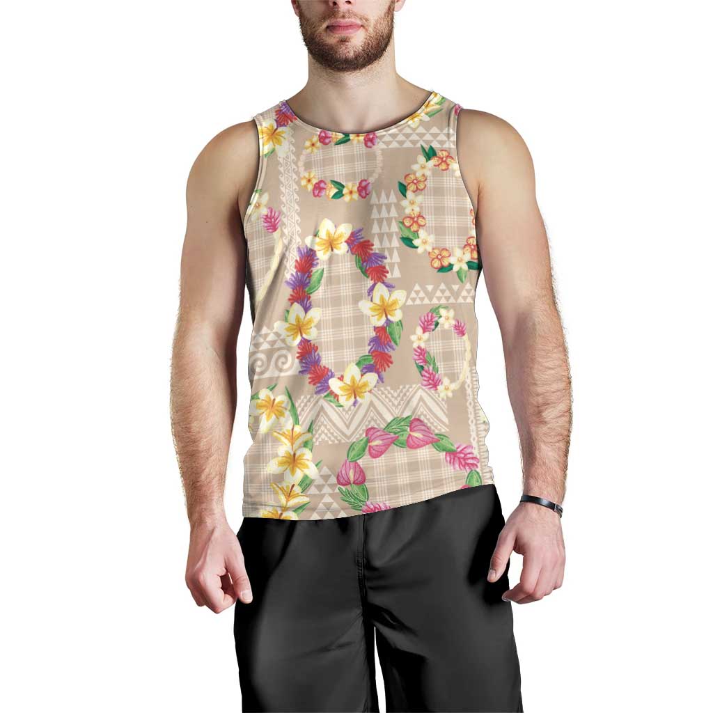 Hawaiian Kakau Tattoo Leis and Palaka Pattern Men Tank Top Traditional Aloha Tribal Beige Color LT03 - Polynesian Pride