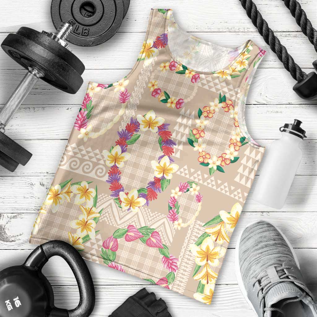 Hawaiian Kakau Tattoo Leis and Palaka Pattern Men Tank Top Traditional Aloha Tribal Beige Color LT03 - Polynesian Pride