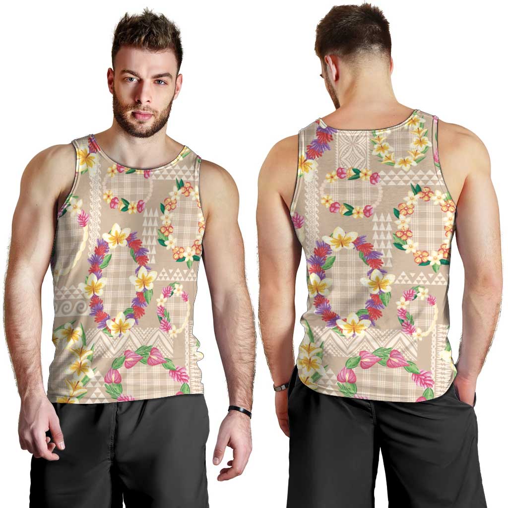 Hawaiian Kakau Tattoo Leis and Palaka Pattern Men Tank Top Traditional Aloha Tribal Beige Color LT03 - Polynesian Pride