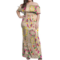 Hawaiian Kakau Tattoo Leis and Palaka Pattern Off Shoulder Maxi Dress Traditional Aloha Tribal Beige Color LT03 Women Beige - Polynesian Pride