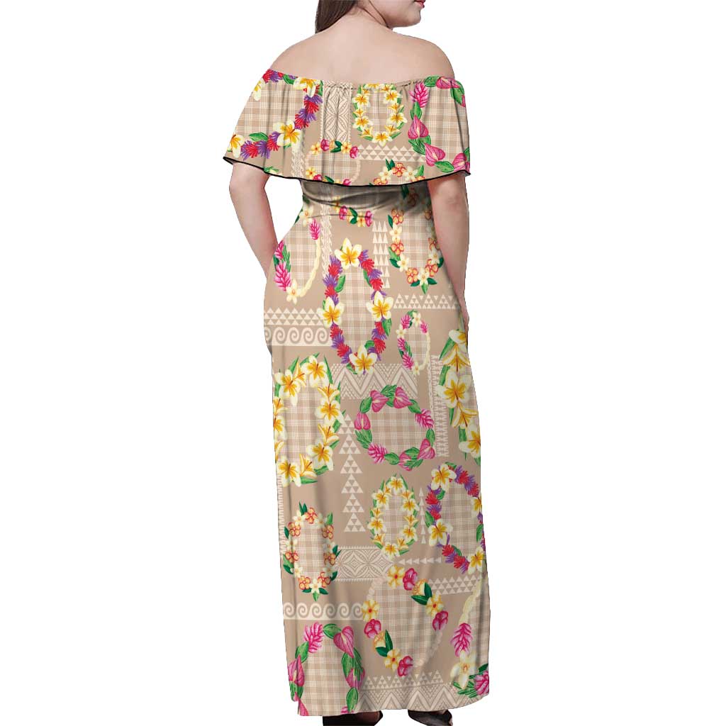 Hawaiian Kakau Tattoo Leis and Palaka Pattern Off Shoulder Maxi Dress Traditional Aloha Tribal Beige Color LT03 - Polynesian Pride