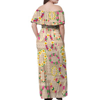 Hawaiian Kakau Tattoo Leis and Palaka Pattern Off Shoulder Maxi Dress Traditional Aloha Tribal Beige Color LT03 - Polynesian Pride